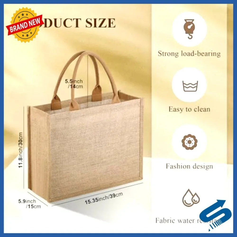 Reusable Jute Tote Bags Natural Burlap Large Capacity Grocery Shopping Travel